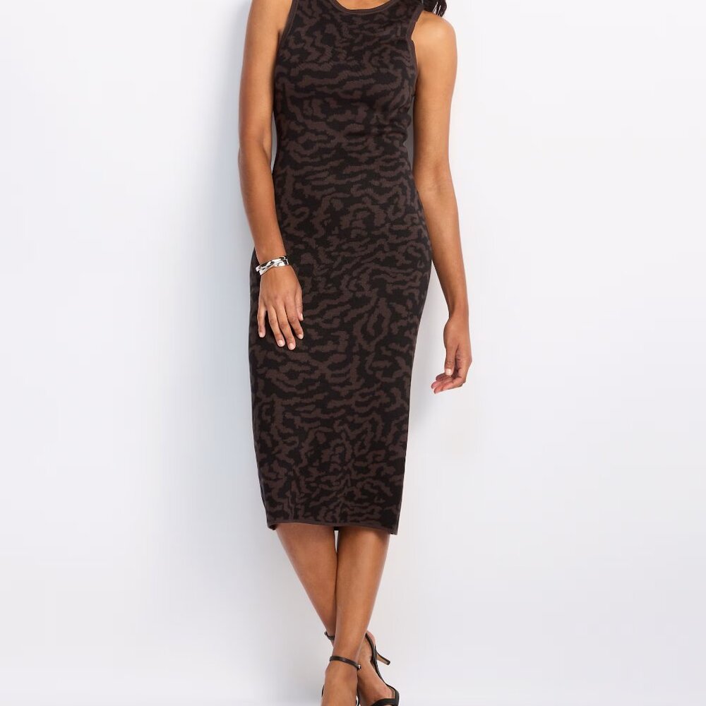 The Commons Leora Animal Print Black + Brown Fitted Dress NWOT